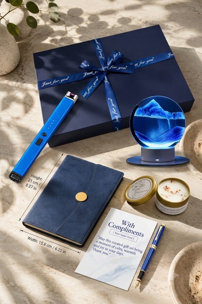 Luxury gift box set with flowing sand art frame and premium accessories by Select Gift Boxes