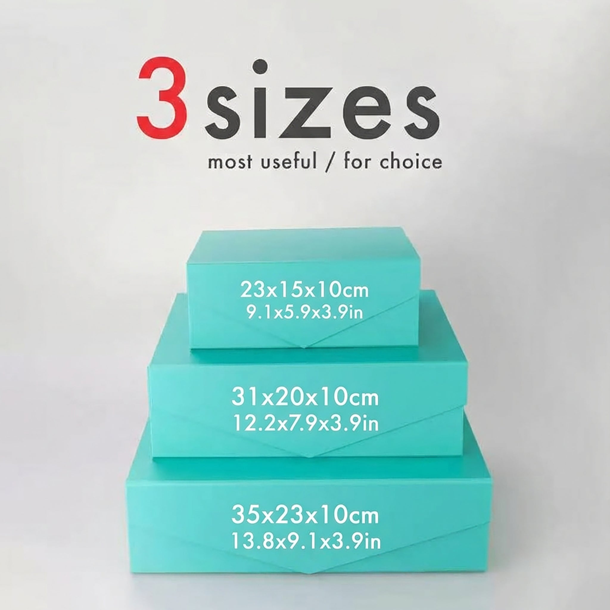 Turquoise magnetic folding gift boxes in a three-size comparison