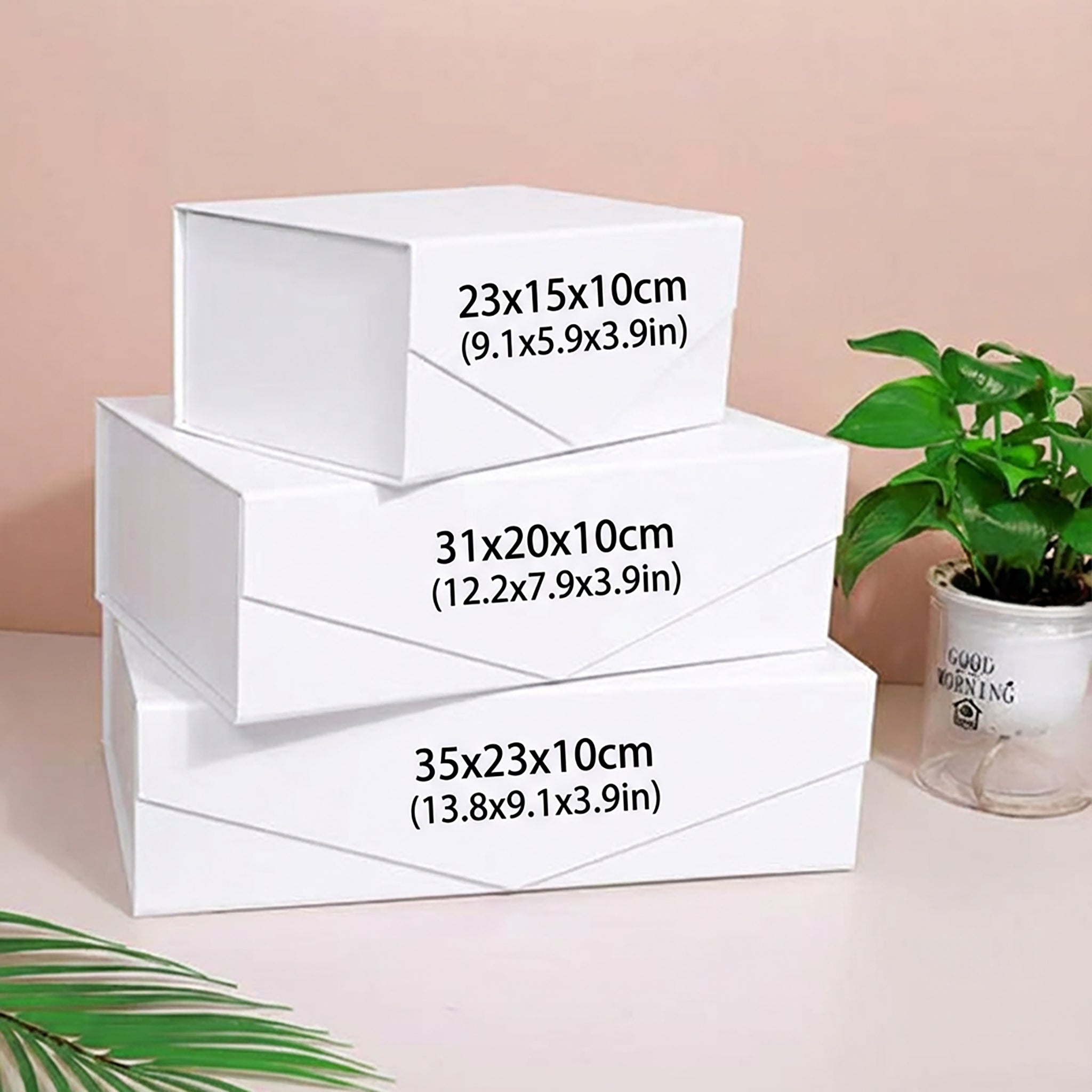 White magnetic folding gift boxes with size labels