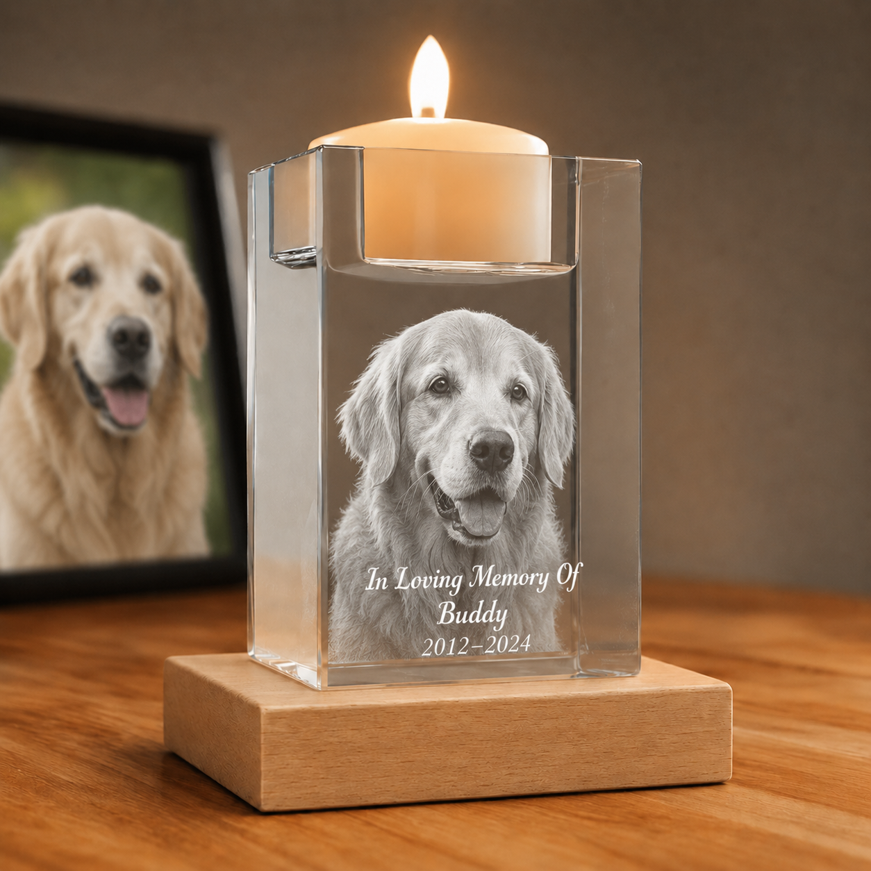 Memorial candle holder 3D crystal photo gift for dog remembrance