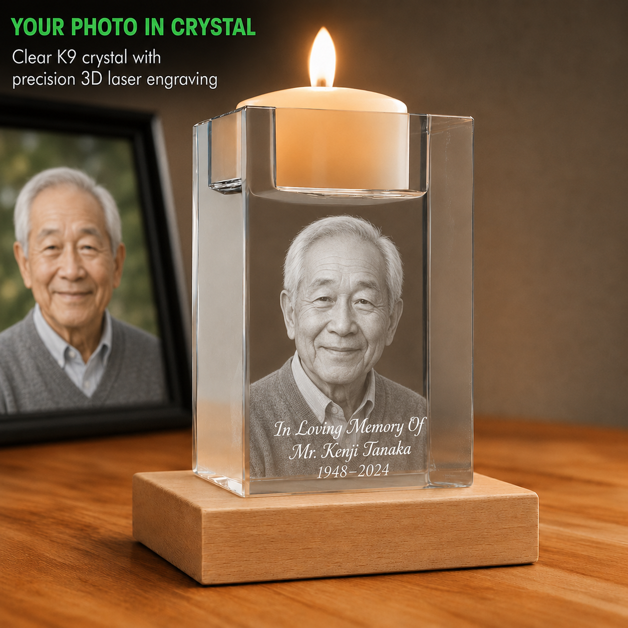 Memorial candle holder 3D crystal photo gift for father memory