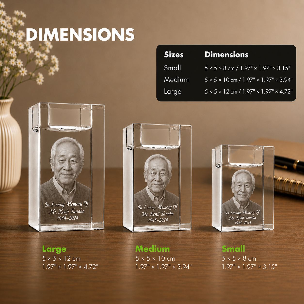 3D crystal memorial candle holder size chart showing small medium and large dimensions