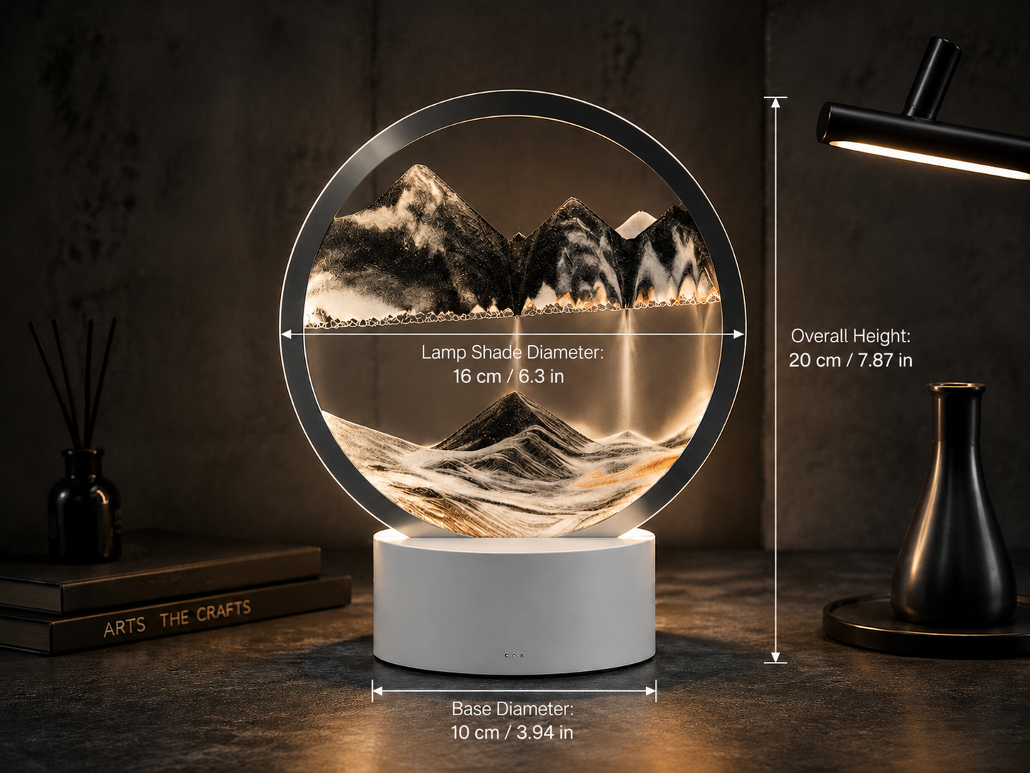 A sleek modern monochrome moving sand art hourglass with contrasting jet-black and pristine-white sand layers, creating a minimalist Nordic style desktop art decoration.