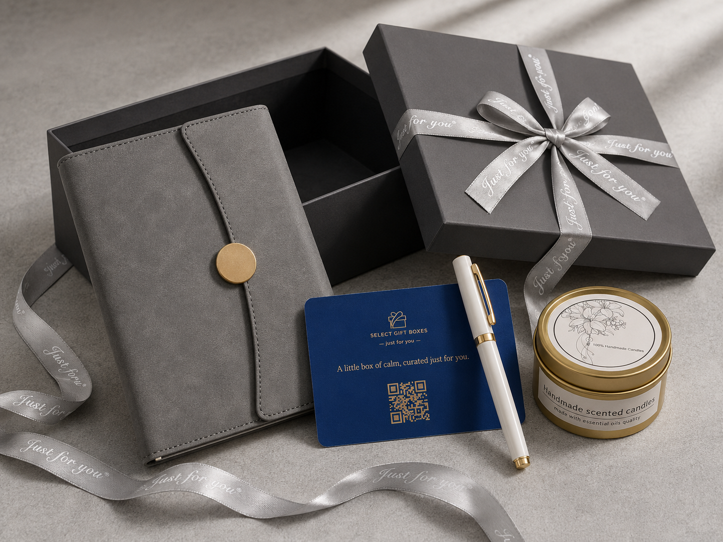 Premium corporate gift set with moving sand art LED lamp, leather notebook and plasma lighter