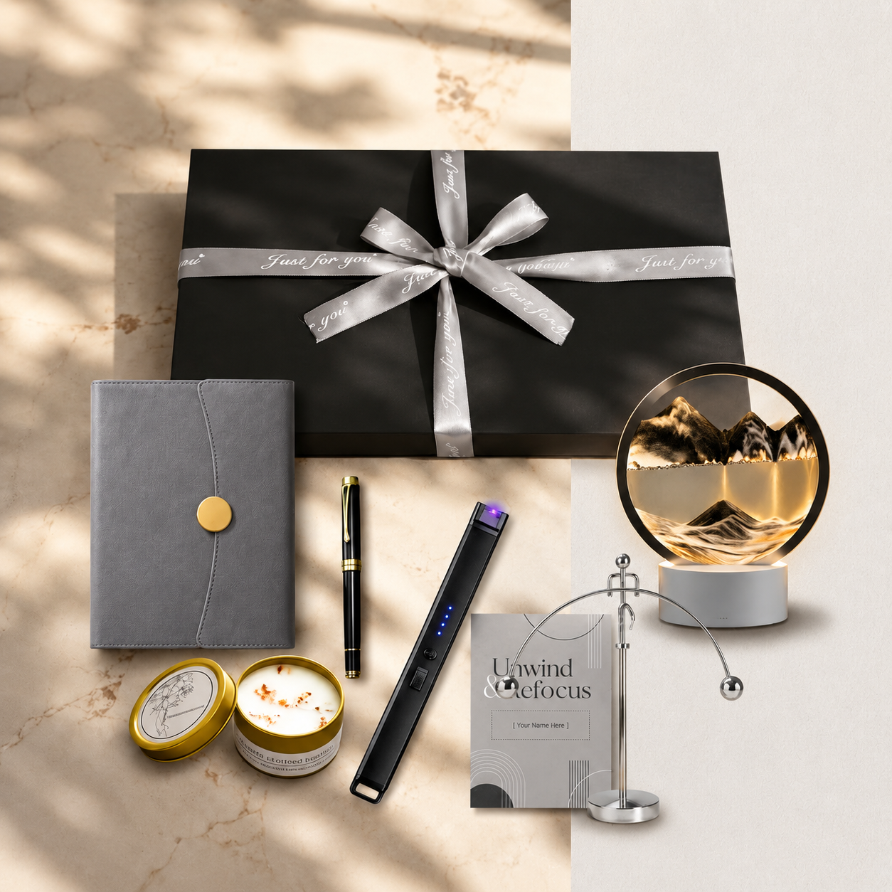 Minimalist tech healing gift set in matte gray box - modern sand art desk decor with USB LED lamp