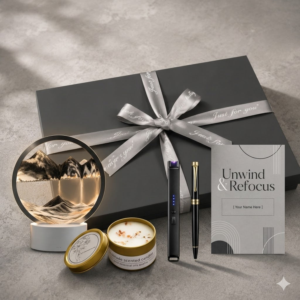 Premium luxury gift set featuring a monochrome 3D moving sand art LED lamp, a gold tin scented candle, a matte black electronic pulse arc lighter, an executive gel pen, and a customizable gray card, arranged elegantly in front of a closed matte gray gift box with a silver ribbon on a modern desk.