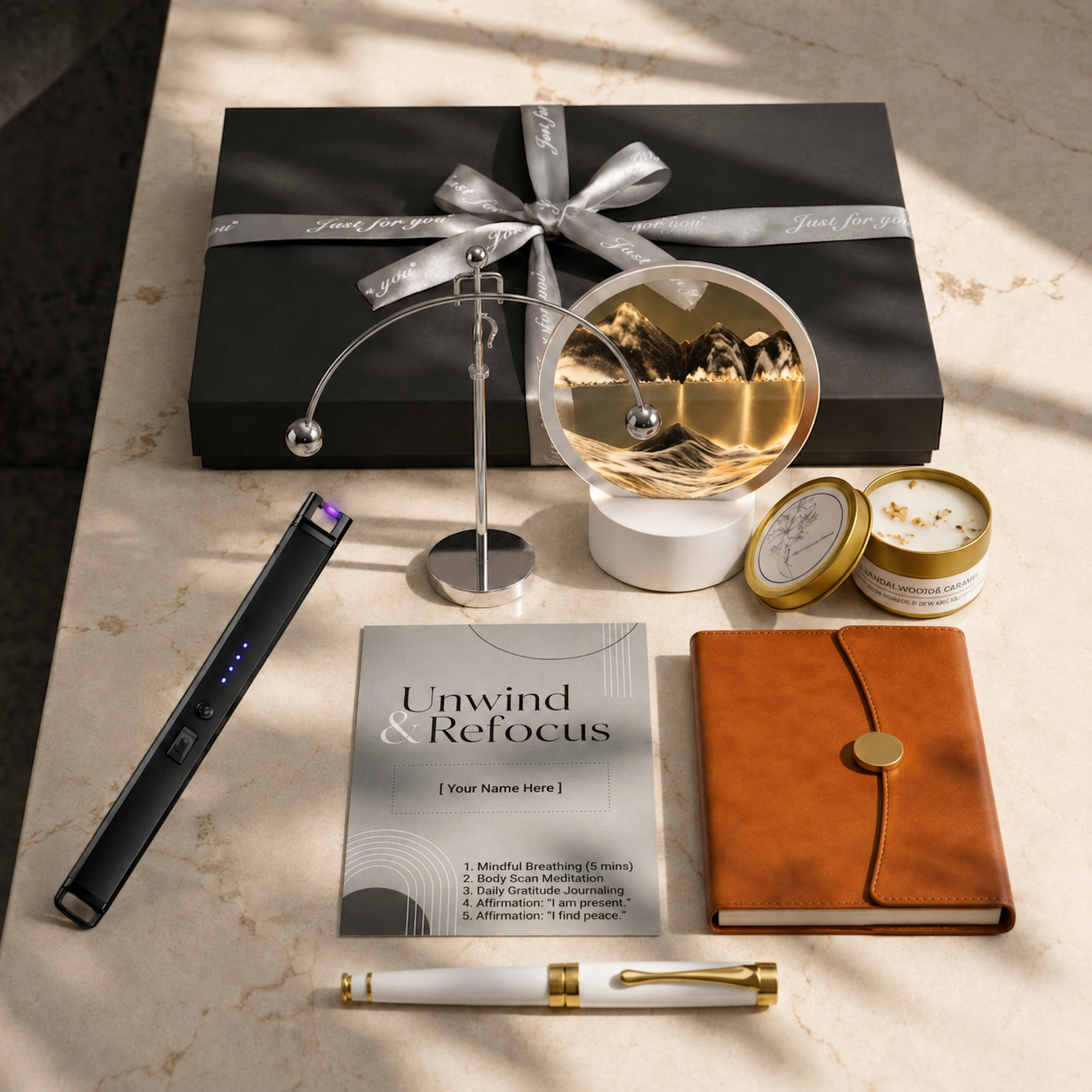 The Monochrome Zen slate grey luxury gift box with satin ribbon and premium packaging