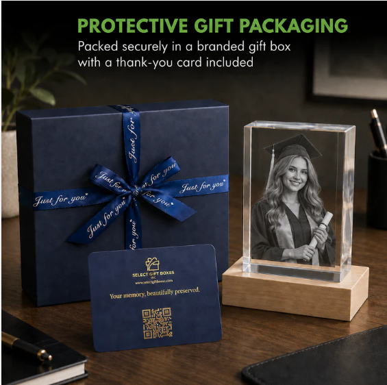 Protective gift packaging with thank-you card for personalized 3D crystal family photo gifts