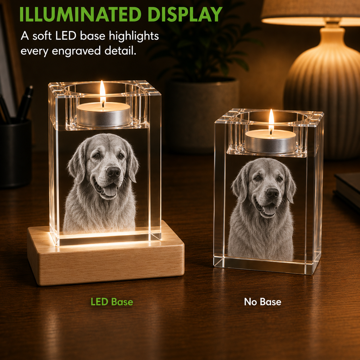 Personalized 3D crystal pet memorial candle holder with Black Labrador portrait laser engraved inside crystal
