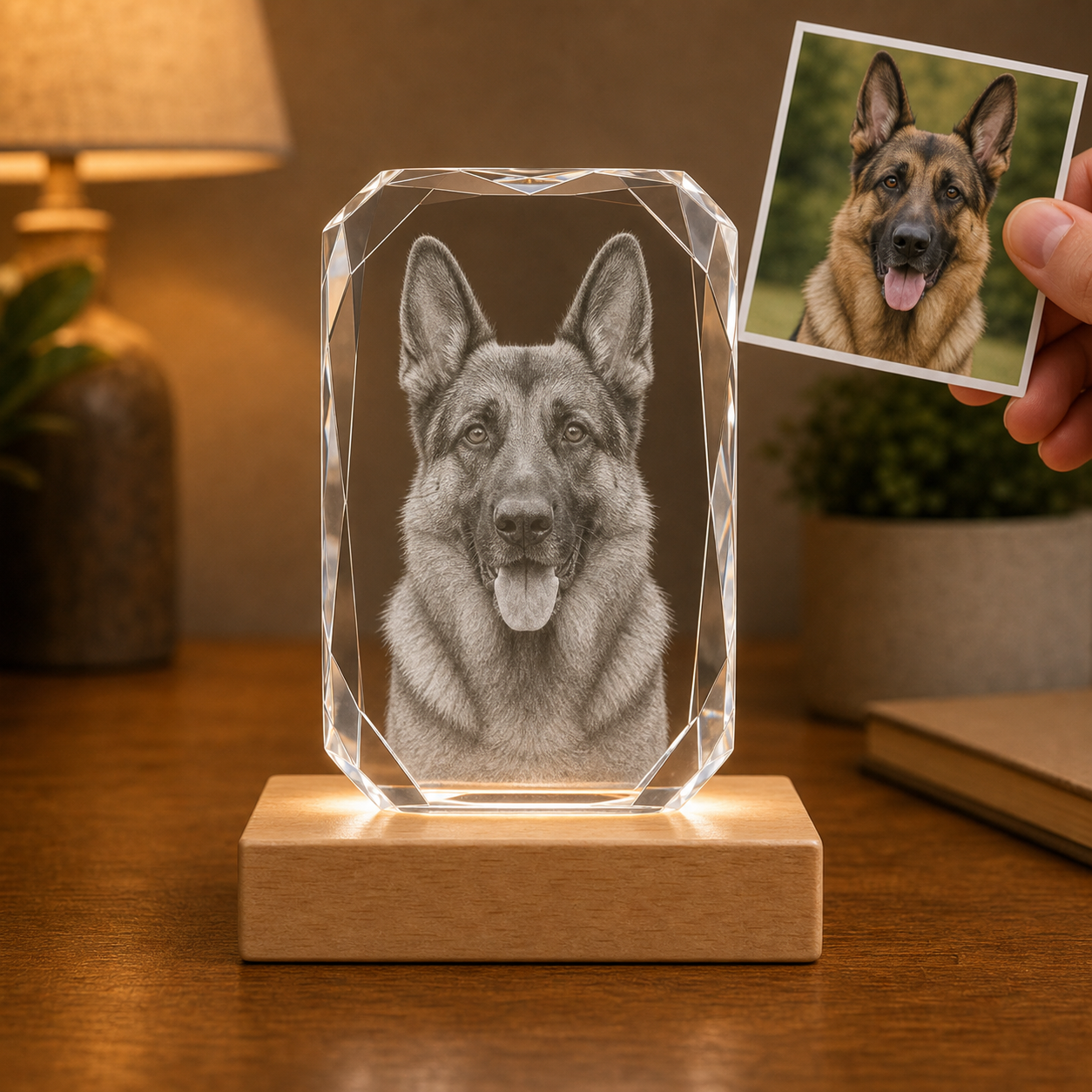 Personalized 3D 24-facet crystal pet memorial gift with German Shepherd photo transformed into 4K laser inner engraving