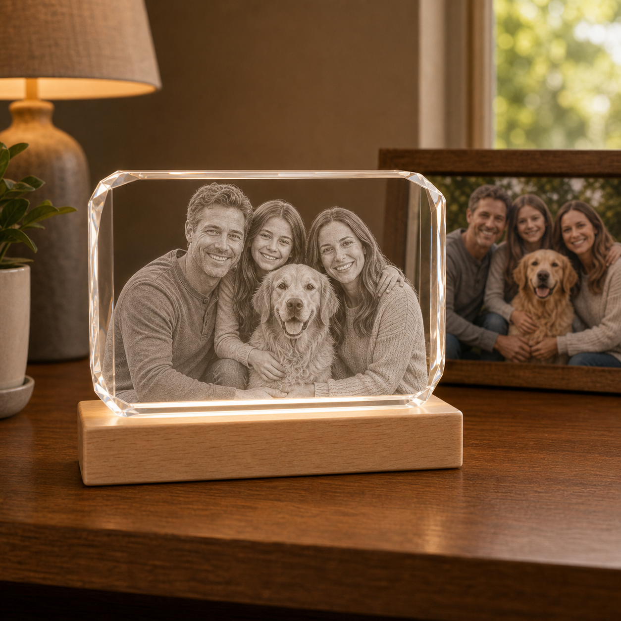 Horizontal personalized 3D 24-facet crystal pet memorial gift with family and Golden Retriever photo engraved inside crystal