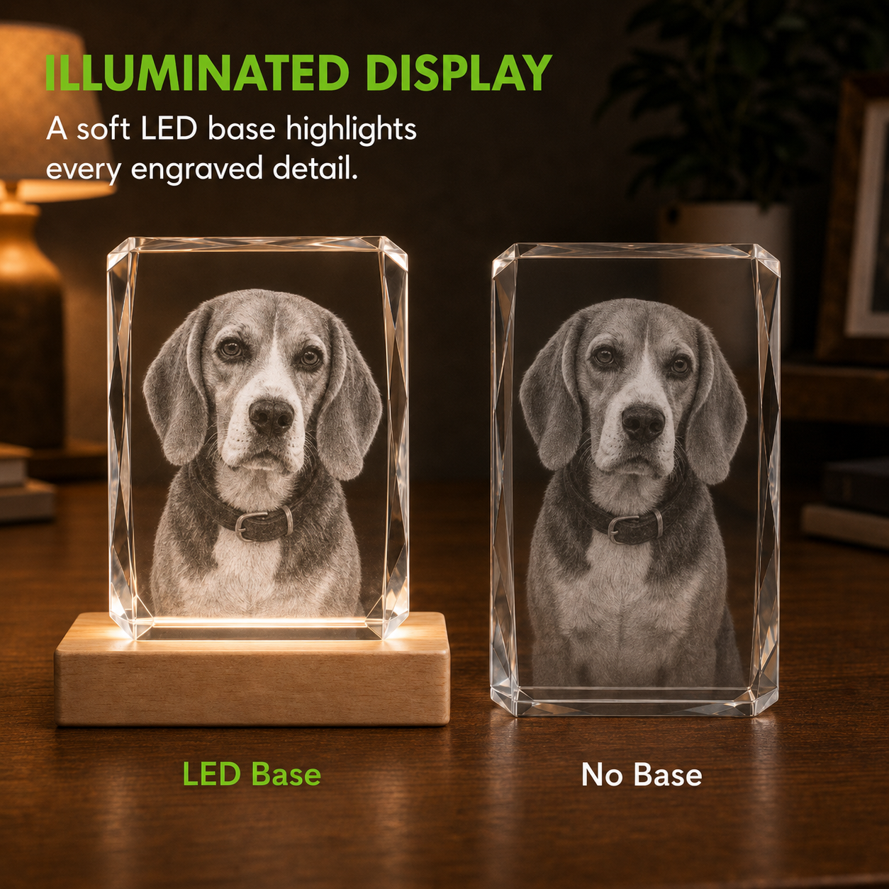 Personalized 3D 24-facet crystal pet memorial gift with family and Golden Retriever photo engraved inside horizontal crystal