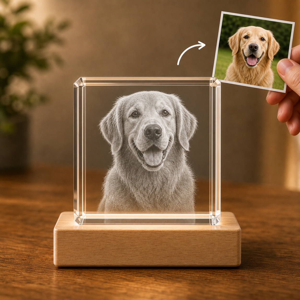 Personalized 3D crystal pet memorial gift cube with golden retriever photo transformed into laser inner engraving