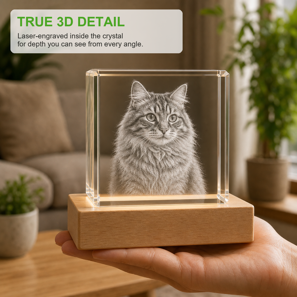 Close-up 4K 3D crystal cube pet memorial gift showing tabby cat laser inner engraving detail