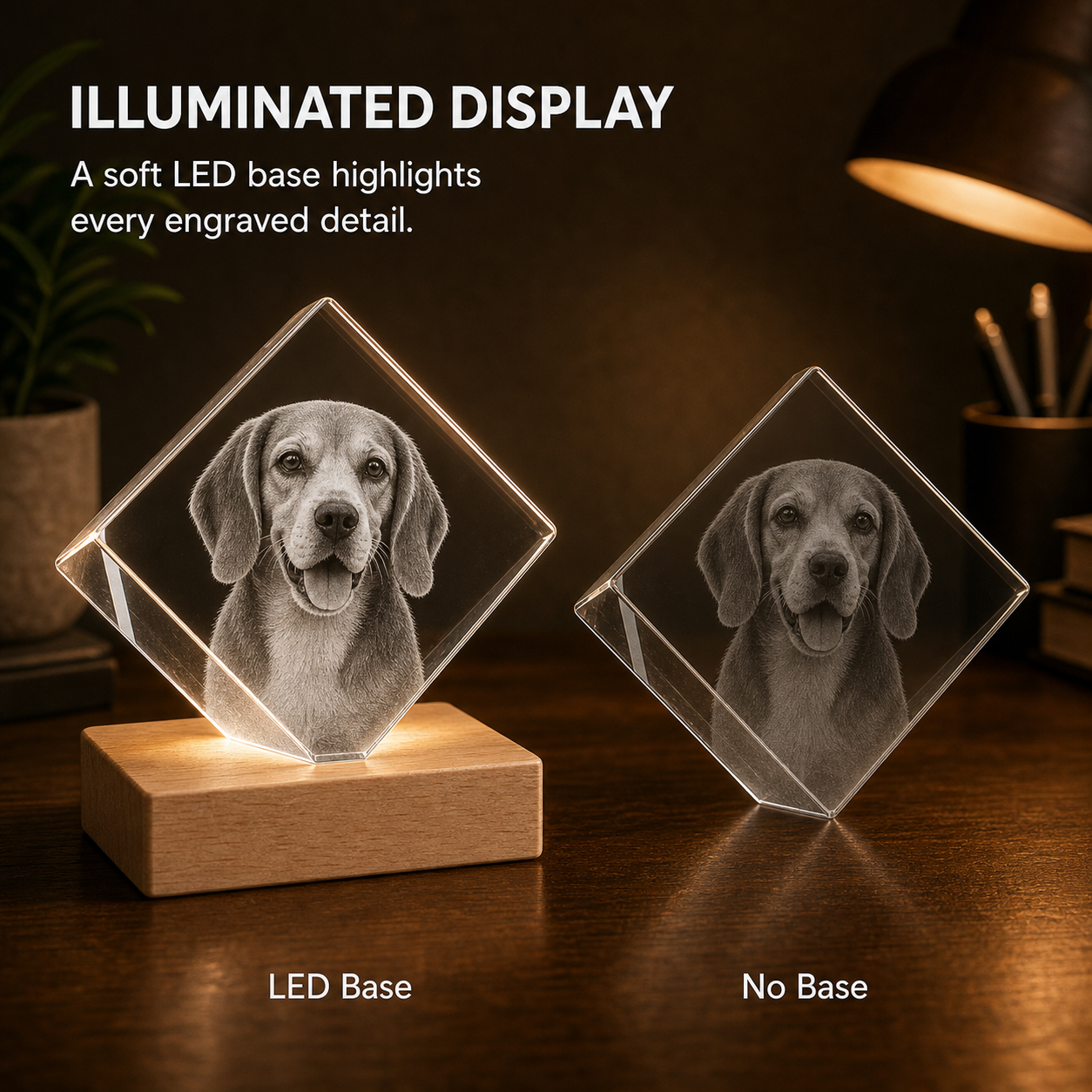 Illuminated LED base comparison for personalized 3D crystal pet memorial diamond with beagle engraving
