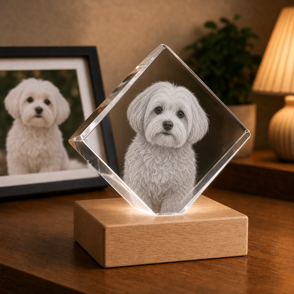 Personalized 3D crystal pet memorial diamond with Maltese dog photo engraved inside pressed-foot crystal