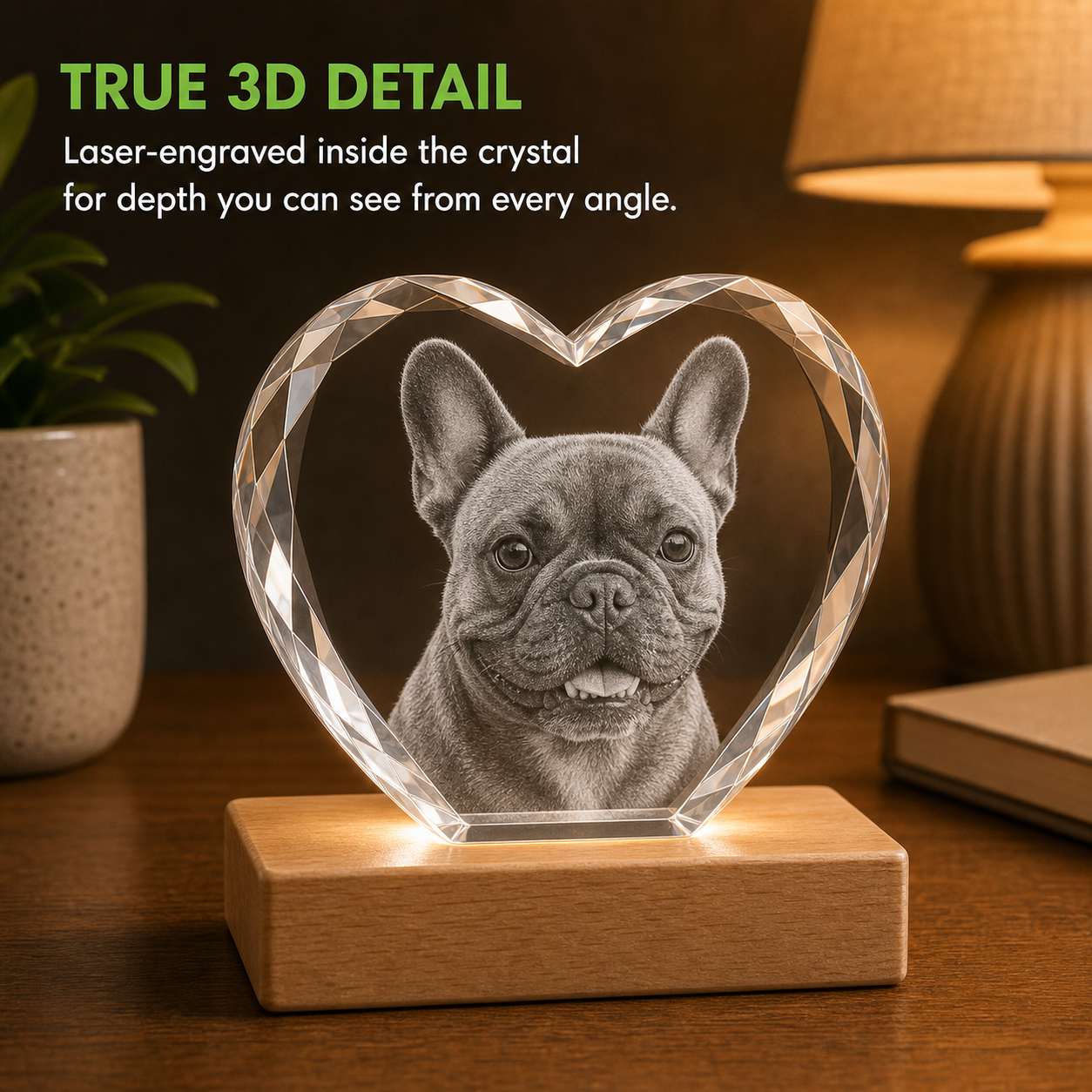 Close-up 4K 3D crystal pet memorial faceted heart showing French bulldog laser inner engraving detail