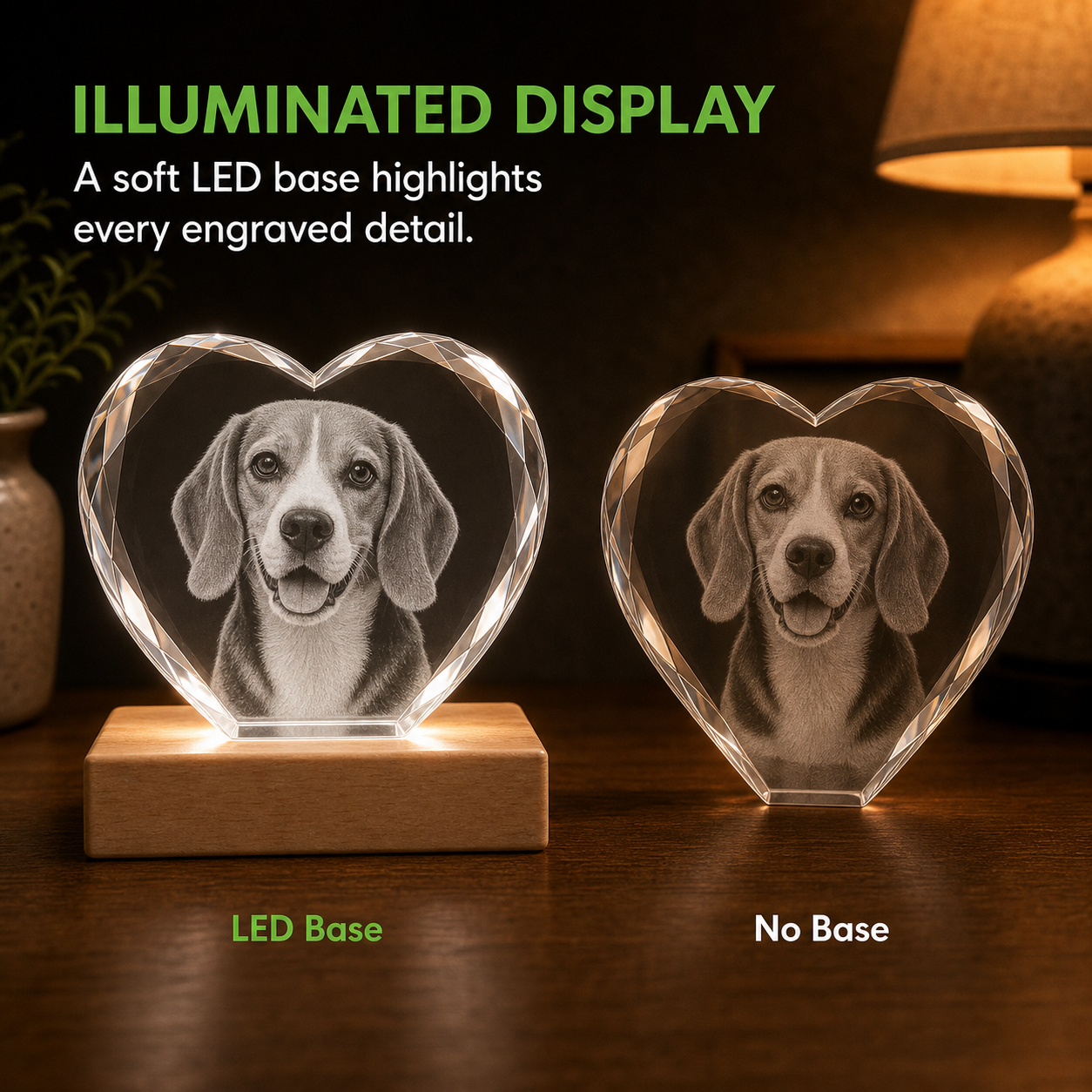 Illuminated LED base comparison for personalized 3D crystal pet memorial faceted heart showing beagle engraving detail