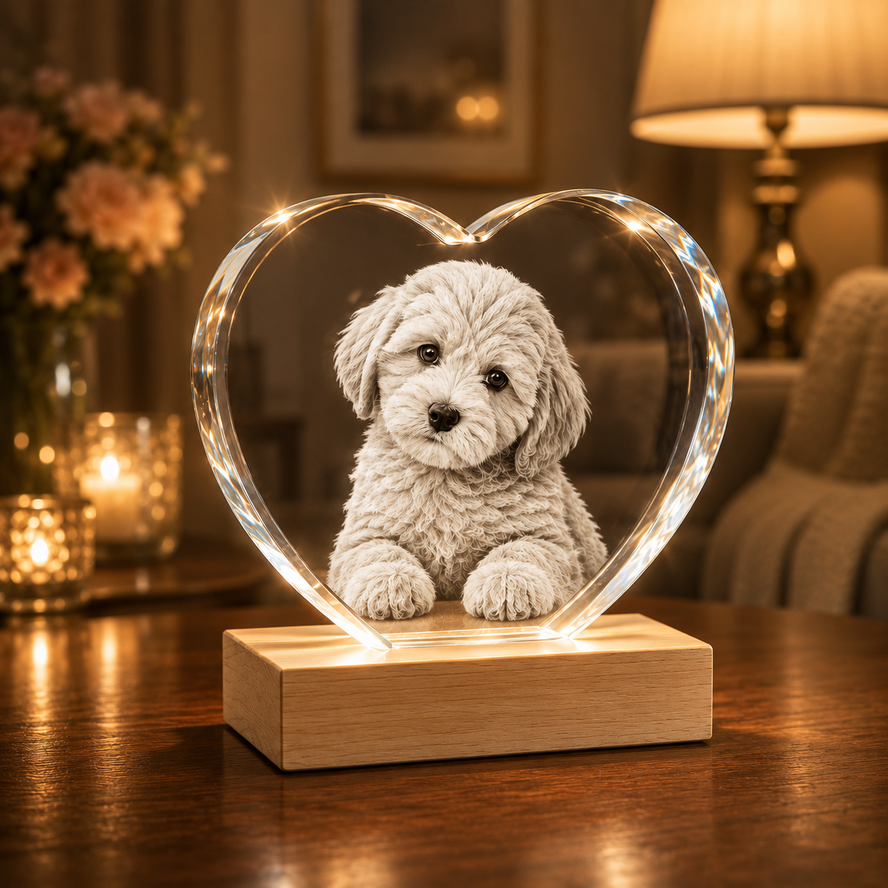 Personalized 3D crystal pet memorial heart classic edge with poodle photo transformed into 4K laser inner engraving