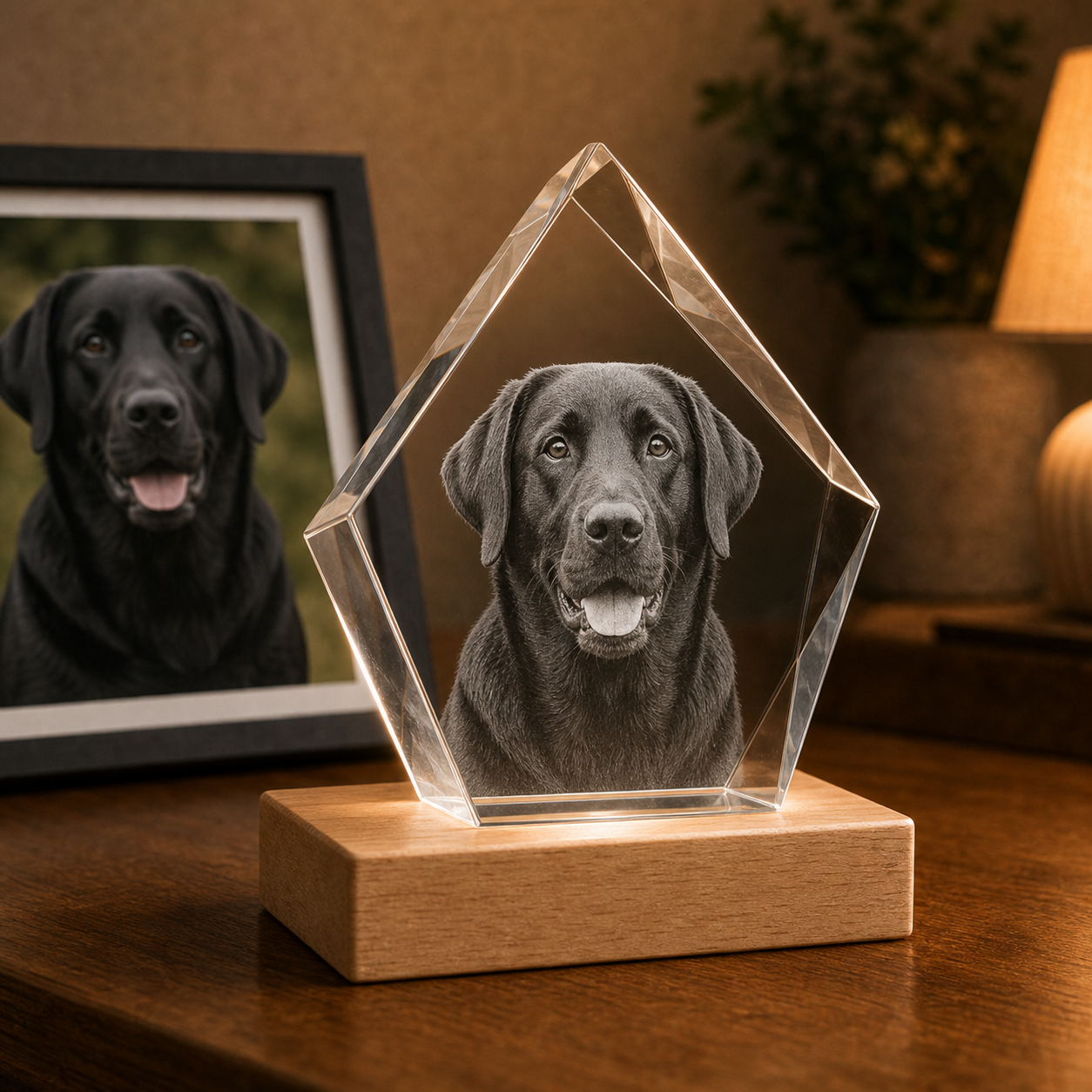Personalized 3D crystal pet memorial peak with black Labrador photo engraved inside five-sided crystal