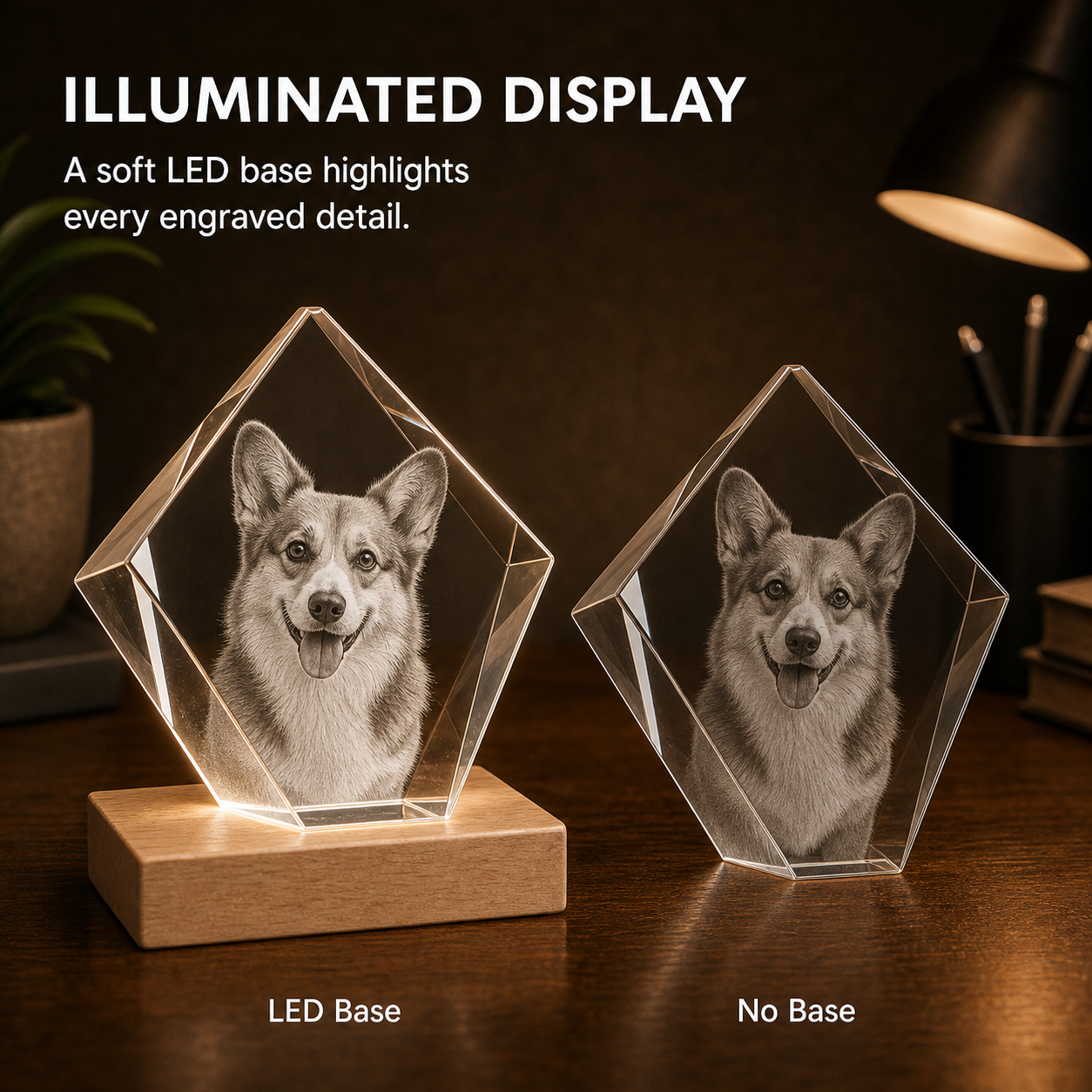 Illuminated LED base comparison for personalized 3D crystal pet memorial peak with Corgi engraving