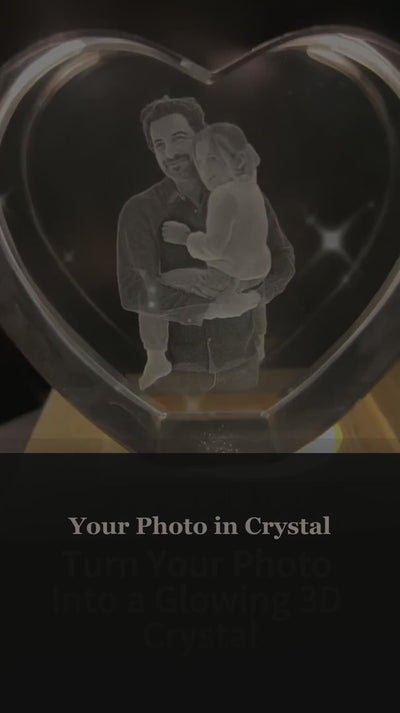 Personalized 4K 3D crystal heart classic edge photo gift video showing glowing LED base display and inner laser engraving process