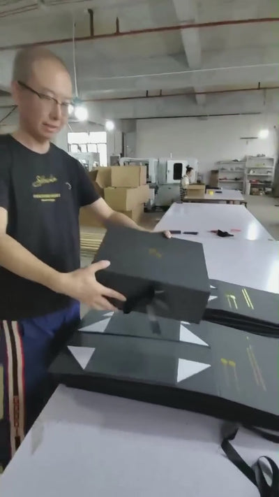 Custom black rigid gift box with gold foil logo for premium product packaging