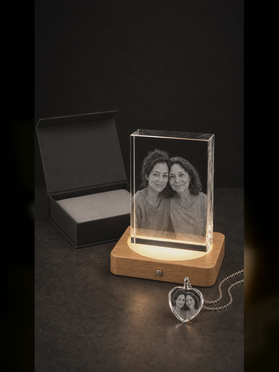 Personalized 3D crystal heart photo gift with wood LED base