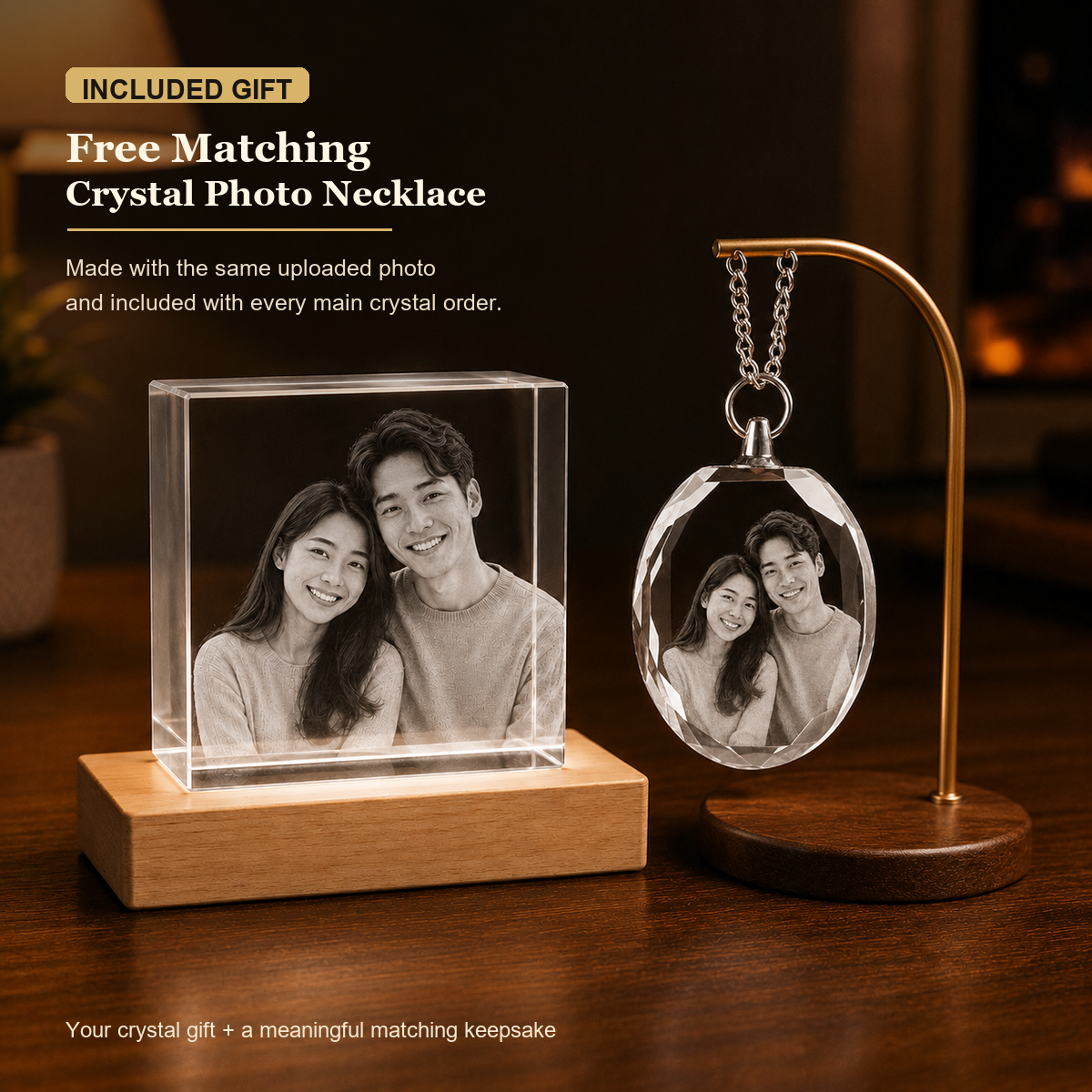 Free matching crystal photo necklace included with main 3D crystal gift