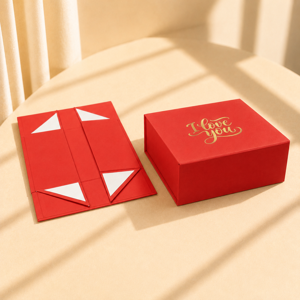 Red collapsible magnetic gift box with custom love logo