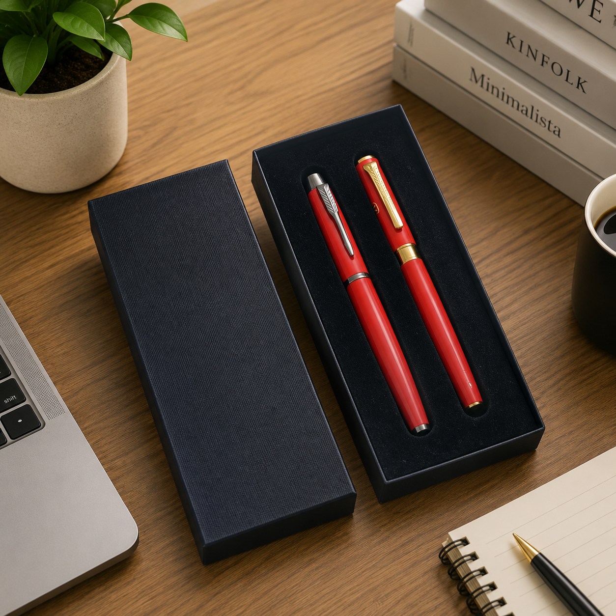Black double pen gift box displaying two red pens