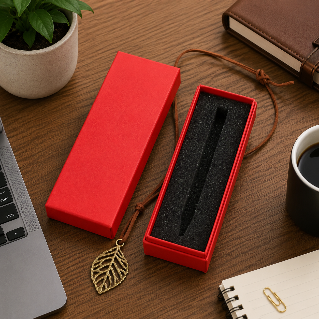 Red pen gift box with black foam insert and removable lid