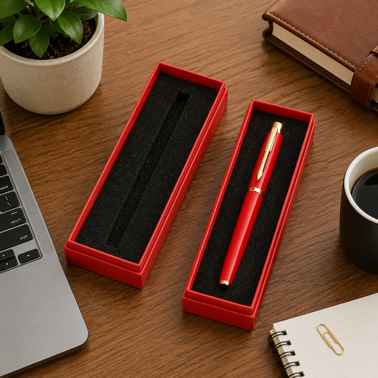 Red pen gift box with foam insert and white fountain pen