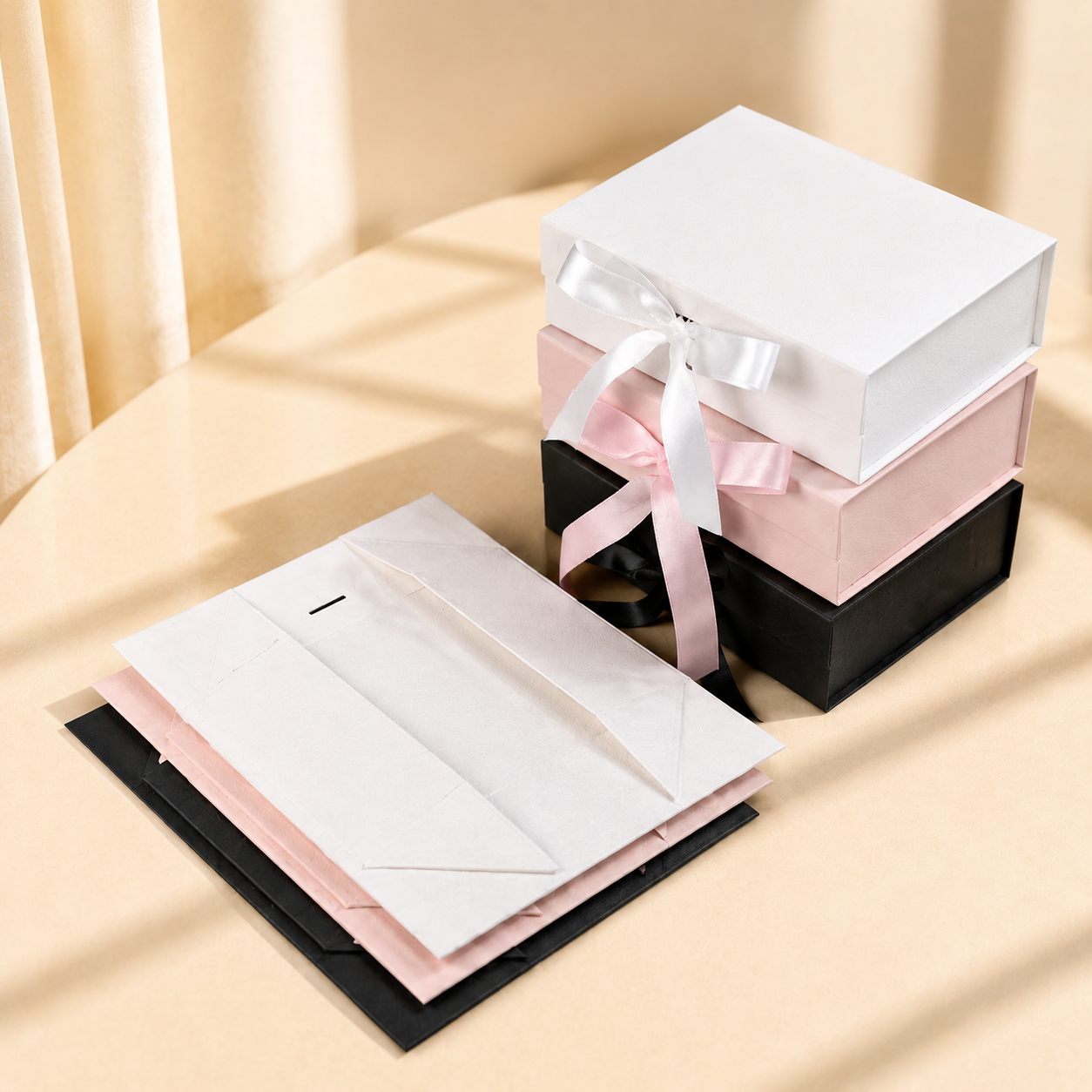 White, pink, and black ribbon folding gift boxes shown assembled and flat