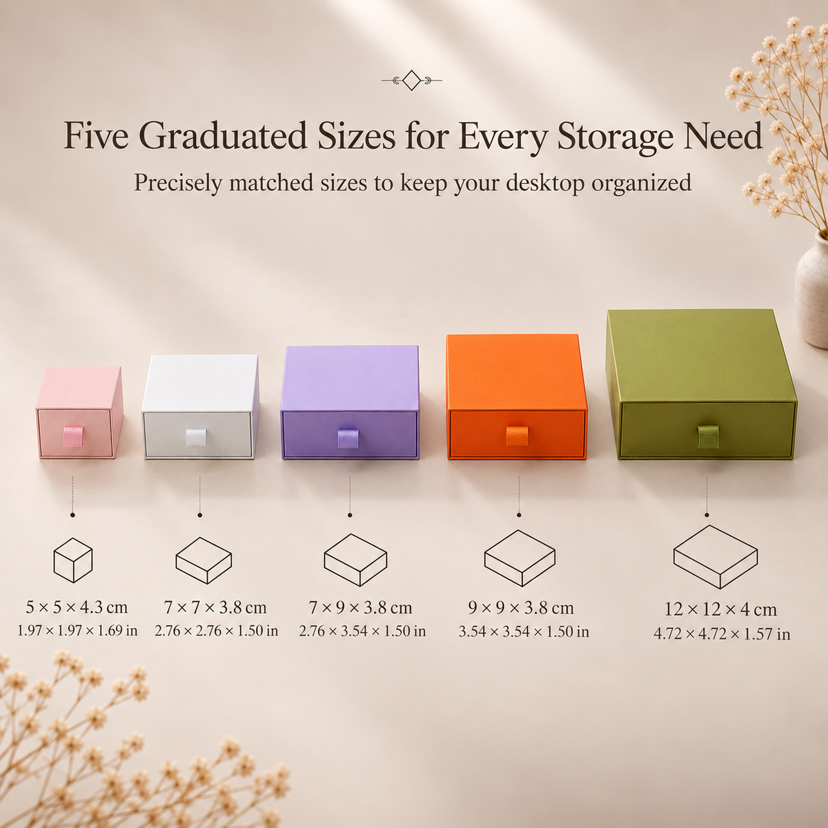 Five jewelry drawer sizes labeled with external centimeter dimensions