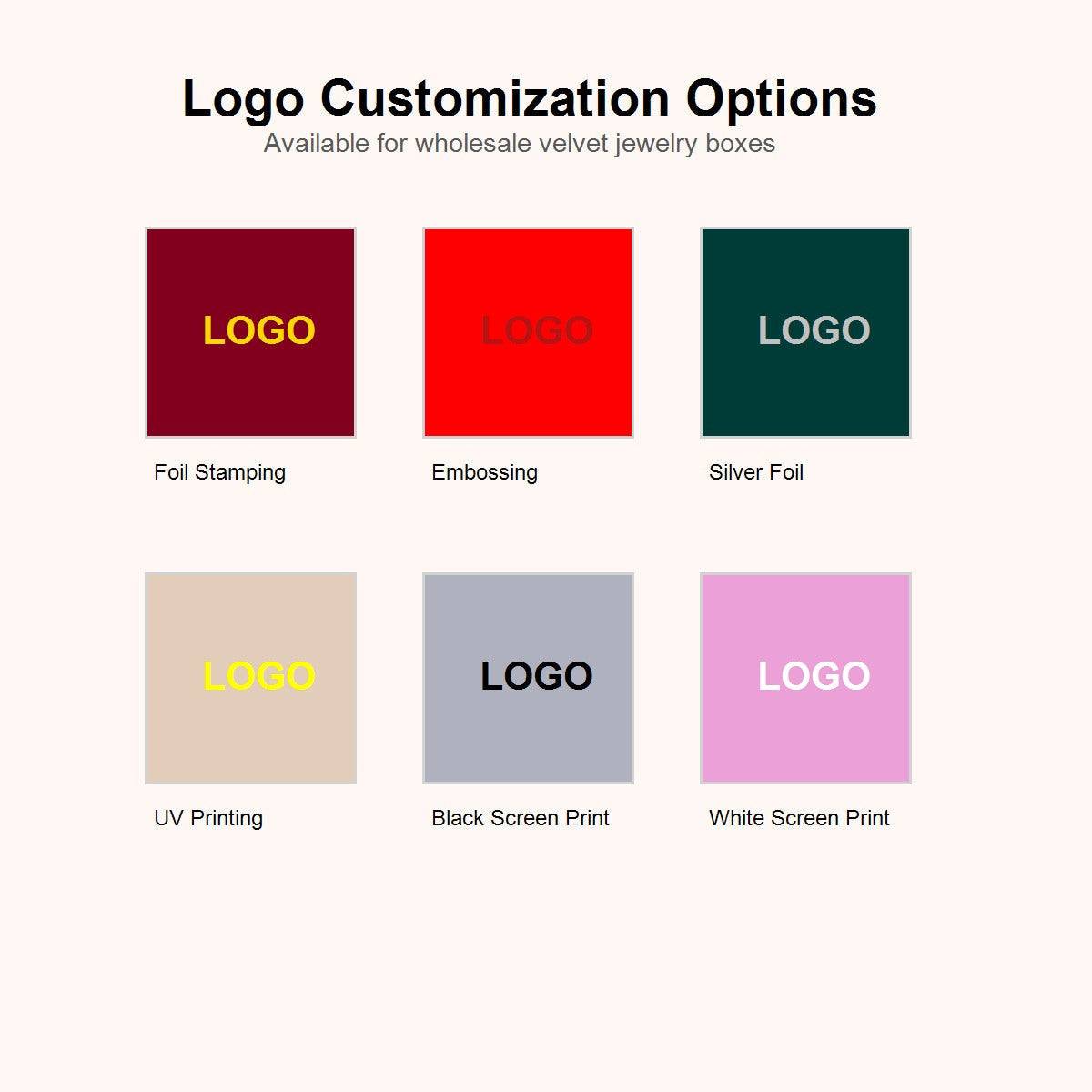 Logo finish options chart for velvet jewelry boxes