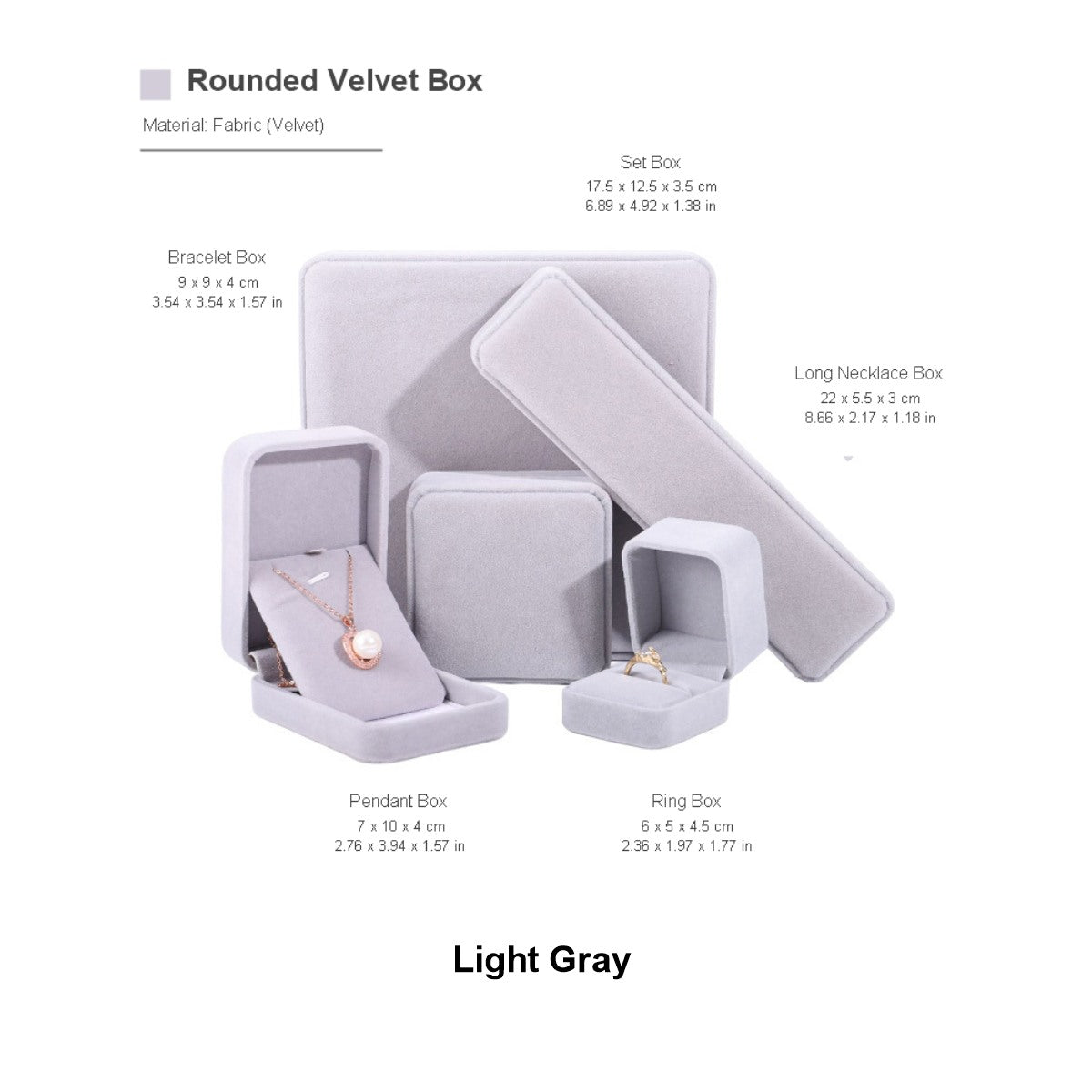 Light gray velvet jewelry box set with labels