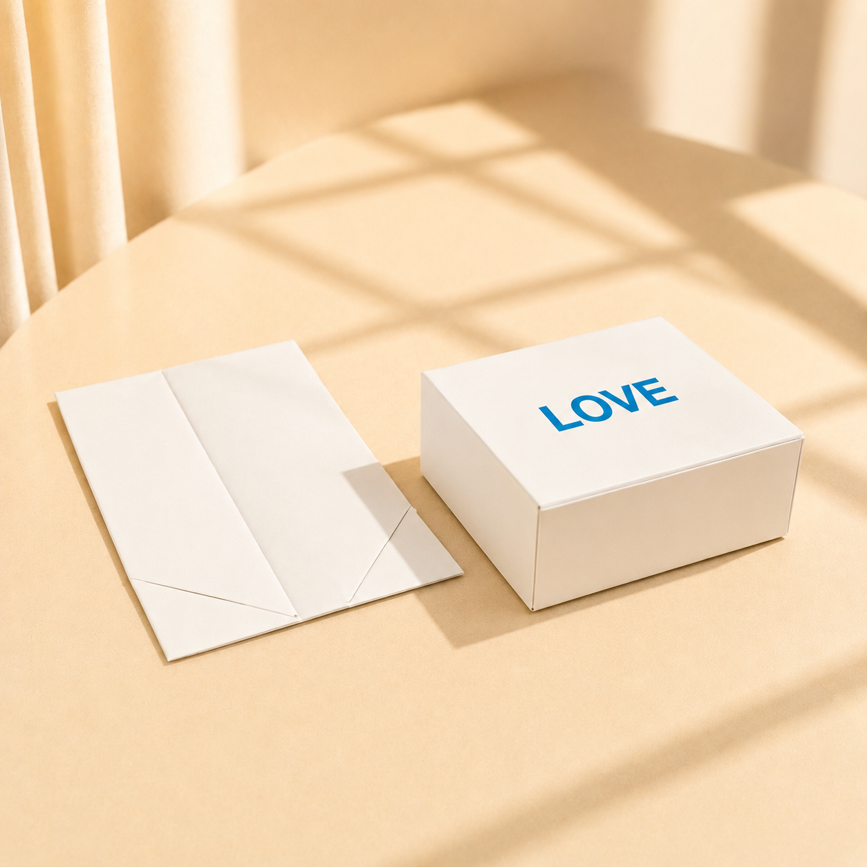 White foldable rigid gift box shown assembled and flat with a sample logo