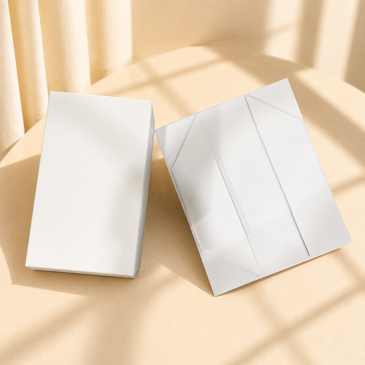 White foldable rigid gift box panels shown partially assembled