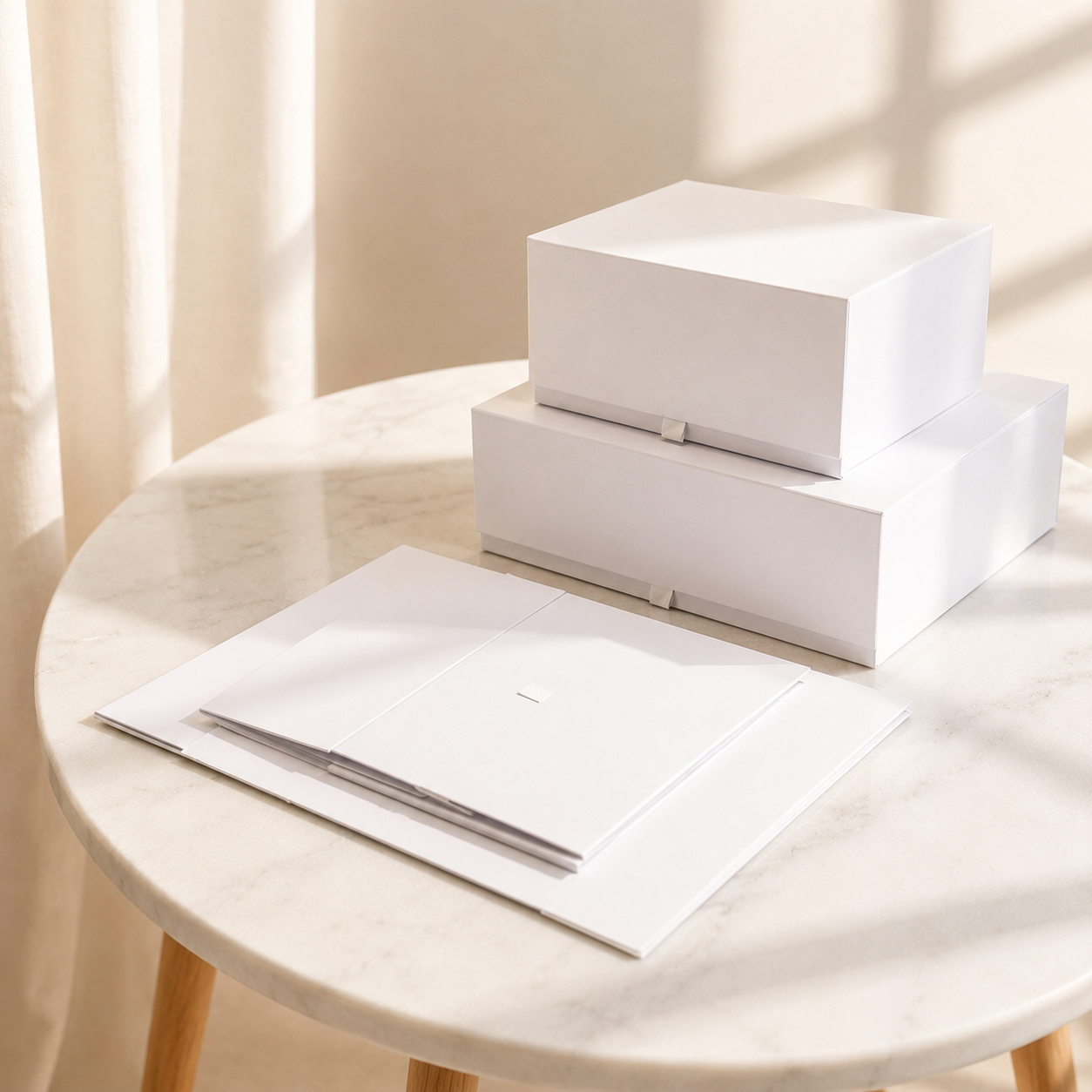 Stack of white collapsible gift boxes with flat-pack panels
