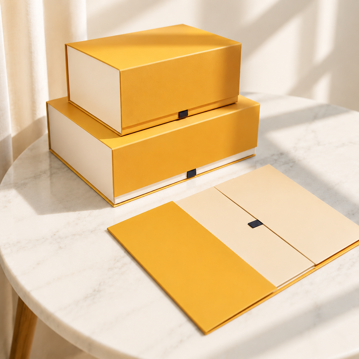 Yellow collapsible magnetic gift boxes shown stacked and flat