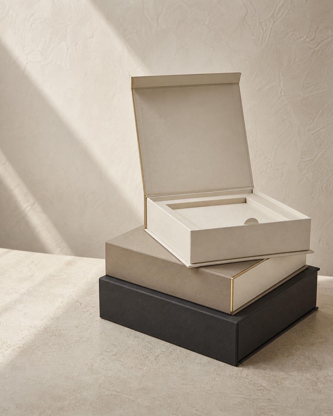 Unbranded custom book-style magnetic rigid boxes with an open hinged lid and fitted insert