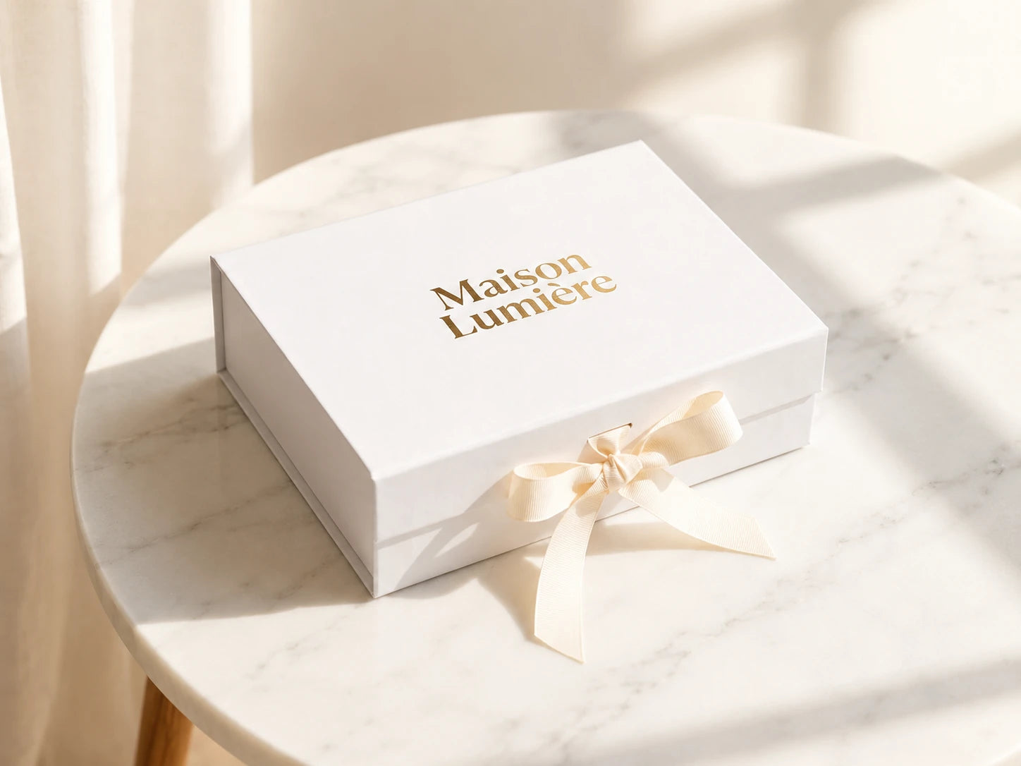 White ribbon gift box with gold foil logo for a wedding or special event
