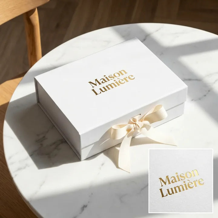 Gold logo printing on a white rigid gift box