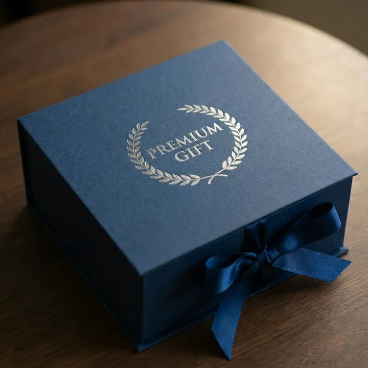 Silver foil stamped logo on a navy rigid gift box